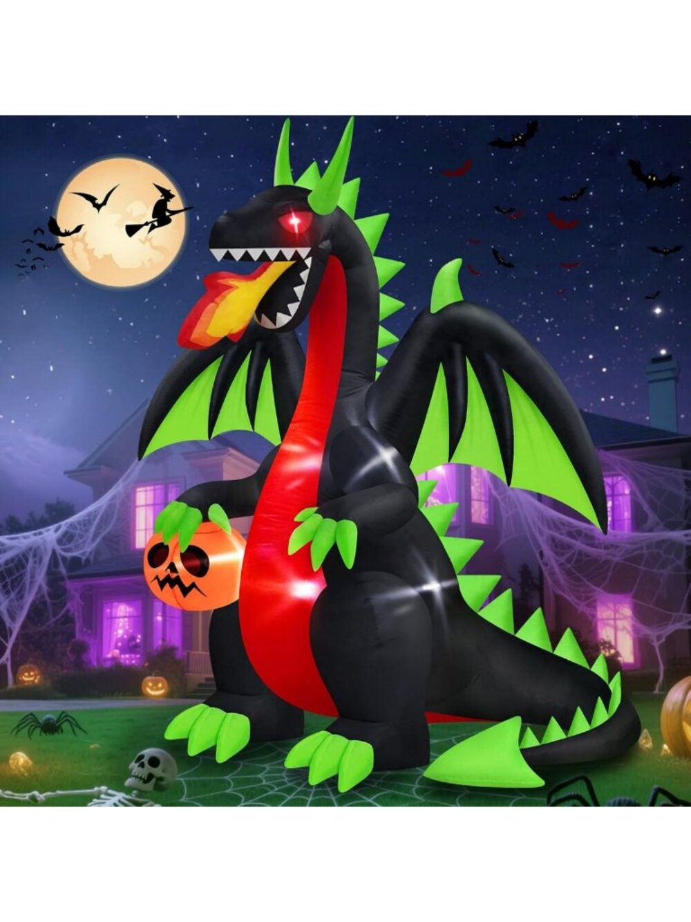 8FT Halloween Inflatable Dragon with Pumpkin & Red Eyes - Outdoor Decor